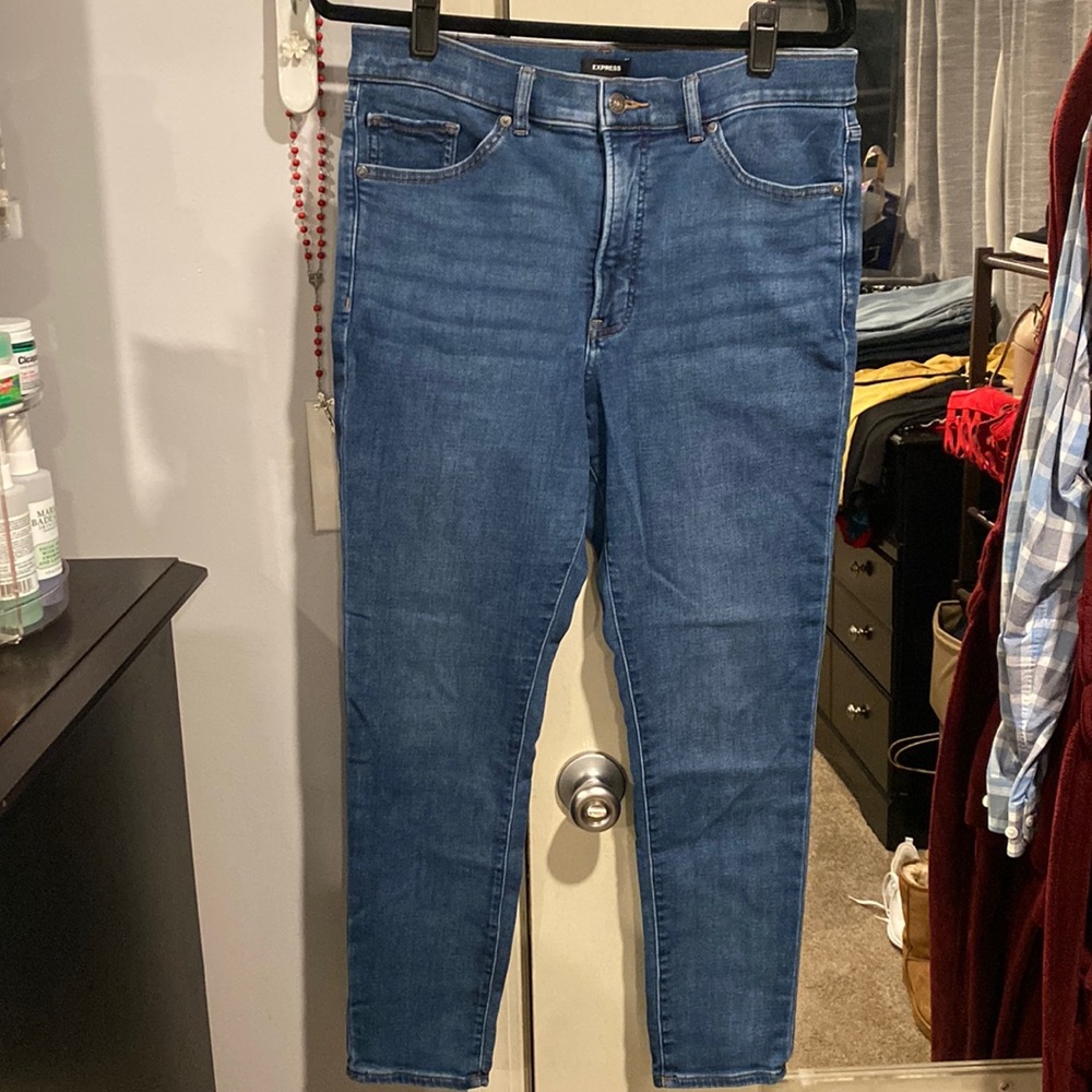 Express medium wash high rise skinny